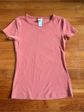 H&M Ribbed Short Sleeve Tee in Coral